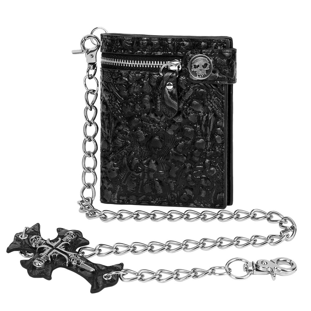 2831 Unisex Gothic Punk Skull Chain Wallet - Bifold Faux Leather, Halloween